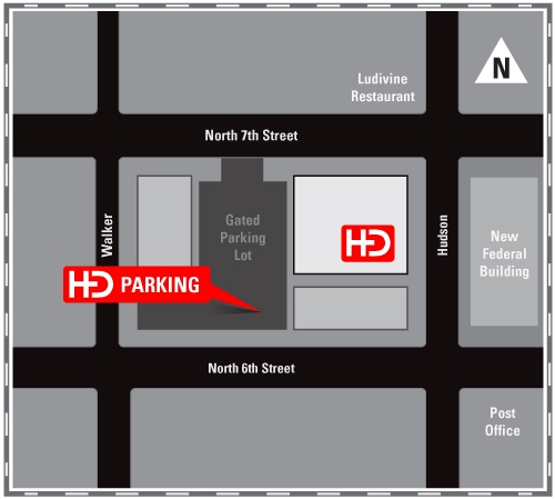 Map to Hester Designs parking lot at 715 North Hudson.