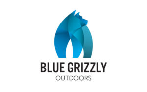 geometric blue grizzly bear figure with blue grizzly outdoors text