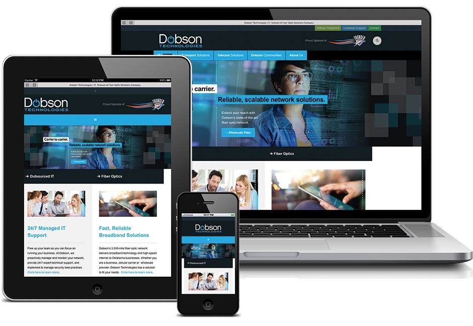 laptop, tablet, and smartphone all displaying dobson technologies home page