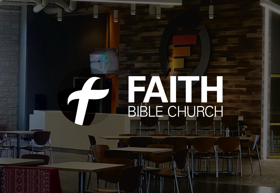 Edmond Faith Bible Church Logo over darkened background photo of wall art designed by Hester Designs