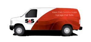 S&S Promotions vehicle wrap for van in white and red with company logo displayed.
