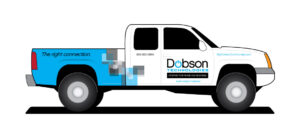 Dobson Technologies vehicle wrap light blue truck bed and white cab showcasing company logo and contact information.