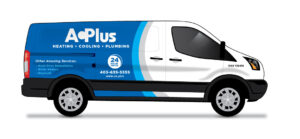 A Plus vehicle wrap divided in white and blue showcasing company logo and contact information across the back end of the van.