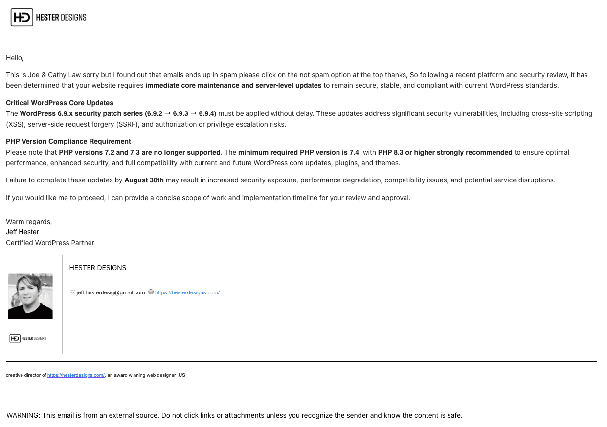 Hester Designs fraudulent email circulating