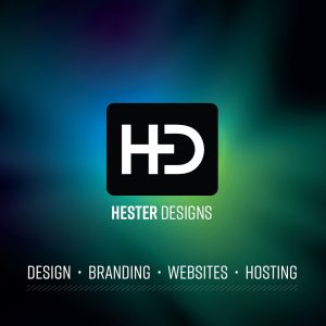 Hester Dersigns logo on the blue green blast background