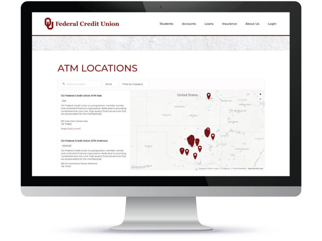 Hester Designs displays an iMac with an example ATM locator map for a credit union