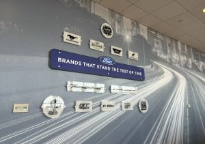 Hester Designs interior graphic display design inside Ford Dealership at Bob Moore in Oklahoma City.
