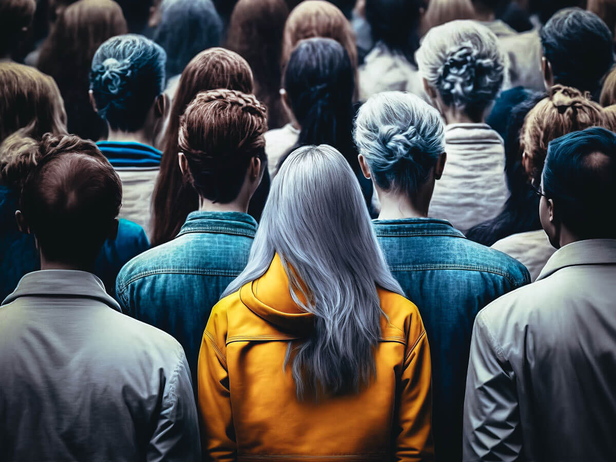 A girl in a yellow shirt stands out from a crowd of people wearing grey and blue
