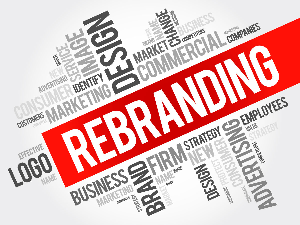 The word rebranding surrounded by other graphic design terms