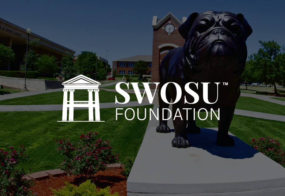 SWOSU Foundation logo over darkened photo of campus