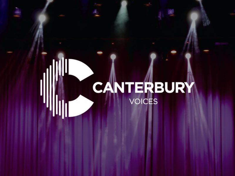 Canterbury Voices Logo designed by Hester Designs displayed in front of a decorative background