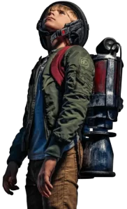 A young boy in a flight suit prepares to launch his jet pack while looking at the stars.