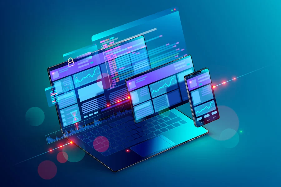 An illustrated computer with multiple screens and test results display on a blue background.