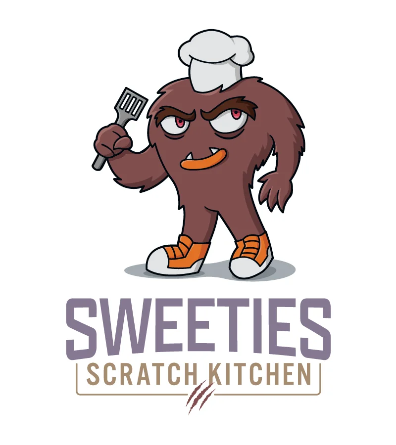 sweeties scratch kitchen logo mockup with emphasis on illustrated character