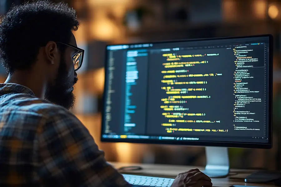 A web developer at Hester Designs looks at a computer screen with code on it.